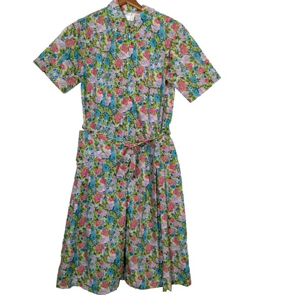 Buck & Buck House Dress Small Floral Pleated Zip Front Short Sleeve Granny - Picture 1 of 16